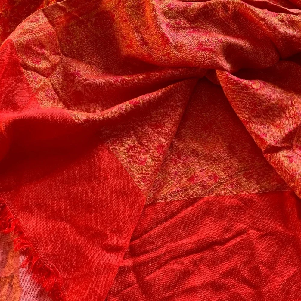 Vintage Red Orange Paisley Floral Jacquard Shawl Scarf Wrap Fringed Large